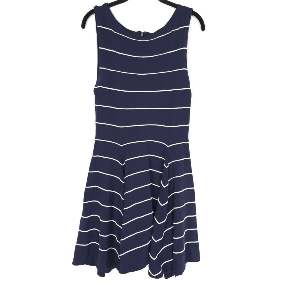 ALICE + OLIVIA Navy Striped Knit Flare Dress Sleeveless Zip Back LARGE